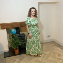 Load image into Gallery viewer, Elizabeth Apple green Print Dress | Puff Sleeve &amp; Stretchy Panel UK 10–14
