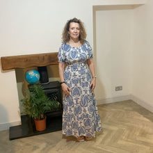 Load image into Gallery viewer, Elizabeth Royal blue Print Dress | Puff Sleeve &amp; Stretchy Panel UK 10–14
