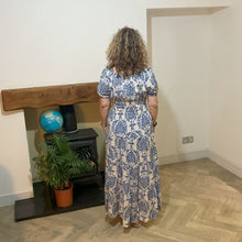 Load image into Gallery viewer, Elizabeth Royal blue Print Dress | Puff Sleeve &amp; Stretchy Panel UK 10–14
