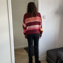 Load image into Gallery viewer, Nancy Multi Coloured V Neck Striped Jumper - Burgundy with Fuchsia/Pink | One Size (UK 14-22)
