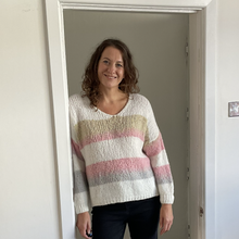 Load image into Gallery viewer, Nancy Multi Coloured V Neck Striped Jumper - White with Baby Pink/Beige | One Size (UK 14-22)

