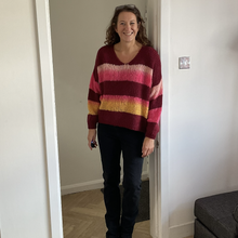 Load image into Gallery viewer, Nancy Multi Coloured V Neck Striped Jumper - Burgundy with Fuchsia/Pink | One Size (UK 14-22)
