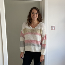 Load image into Gallery viewer, Nancy Multi Coloured V Neck Striped Jumper - White with Baby Pink/Beige | One Size (UK 14-22)
