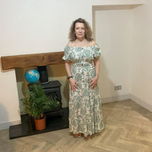 Load image into Gallery viewer, Elizabeth Khaki green Print Dress | Puff Sleeve &amp; Stretchy Panel UK 10–14
