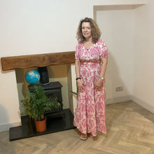 Load image into Gallery viewer, Elizabeth Fuchsia Print Dress | Puff Sleeve &amp; Stretchy Panel UK 10–14
