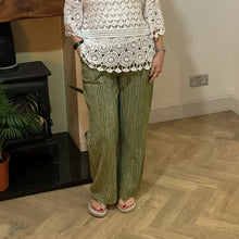 Load image into Gallery viewer, Mary Apple green Stripe Wide Leg Cotton Trousers | UK 10–14

