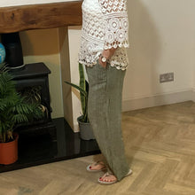 Load image into Gallery viewer, Mary Khaki green Stripe Wide Leg Cotton Trousers | UK 10–14

