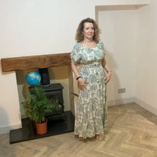Load image into Gallery viewer, Elizabeth Khaki green Print Dress | Puff Sleeve &amp; Stretchy Panel UK 10–14
