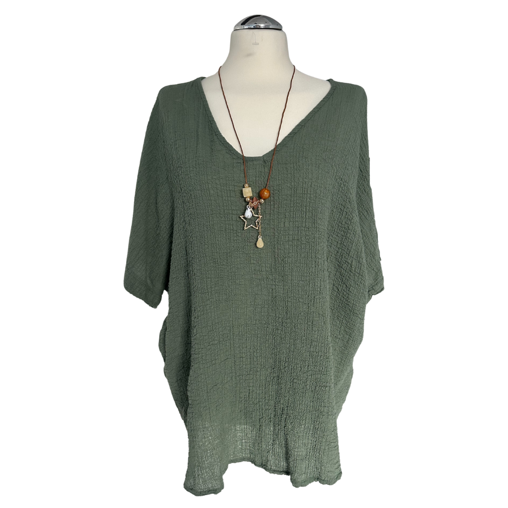 Khaki green Plain Crinkle cotton top for women. (A147)