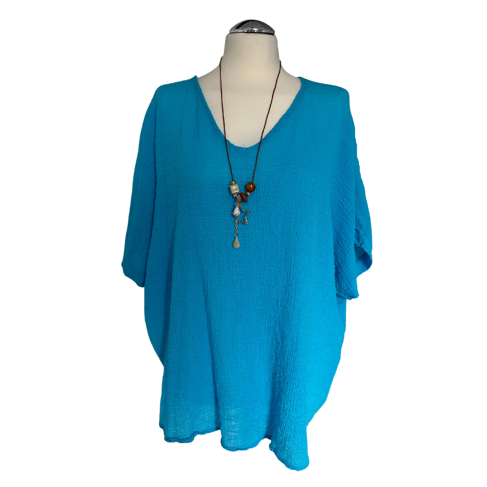 Turquoise Blue  Plain Crinkle cotton top for women. (A147)