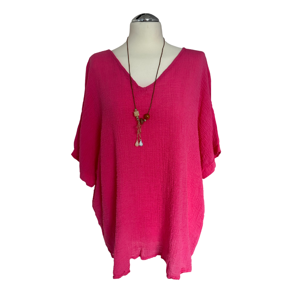 fuchsia Pink Plain Crinkle cotton top for women. (A147)