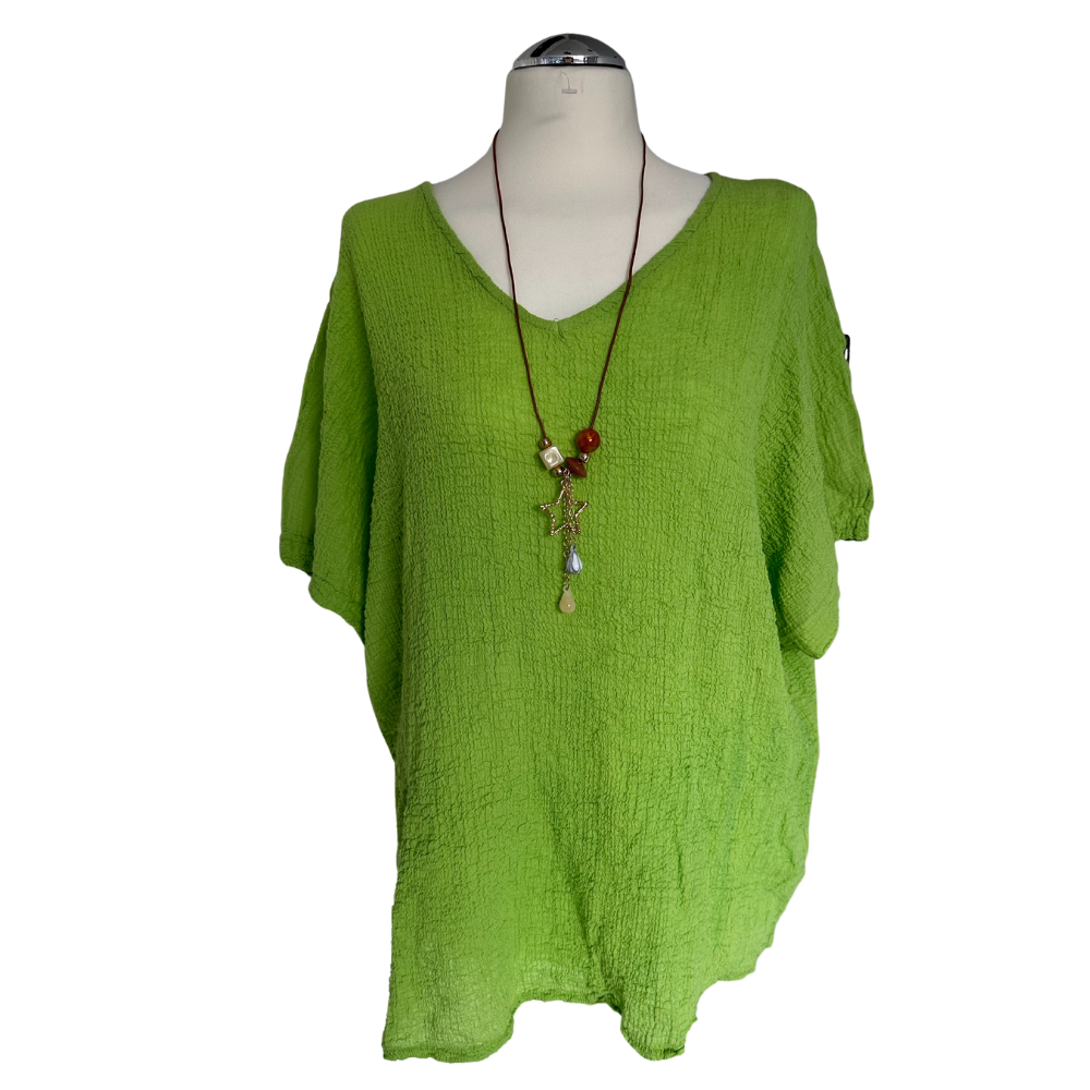 Lime green Plain Crinkle cotton top for women. (A147)