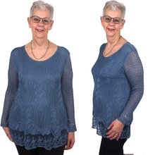 Load image into Gallery viewer, Pamper Yourself Now ltd Ladies Denim Blue Crochet lace Long Sleeve top.Made in Italy (AA8)
