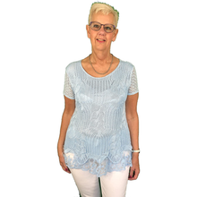 Load image into Gallery viewer, Pamper Yourself Now ltd Ladies Sky Blue Crochet Lace Short Sleeve top.Made in Italy (AA60)
