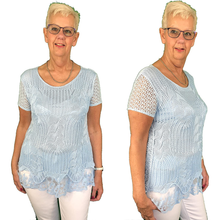 Load image into Gallery viewer, Pamper Yourself Now ltd Ladies Sky Blue Crochet Lace Short Sleeve top.Made in Italy (AA60)
