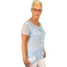 Load image into Gallery viewer, Pamper Yourself Now ltd Ladies Sky Blue Crochet Lace Short Sleeve top.Made in Italy (AA60)

