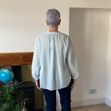 Load image into Gallery viewer, Cindy White &amp; Light Blue Striped Granddad Shirt with Lace | One Size UK 12–18
