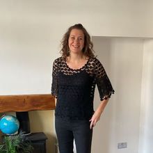 Load image into Gallery viewer, Emily Black Diamond crochet top with undervest.
