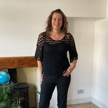 Load image into Gallery viewer, Emily Black Diamond crochet top with undervest.
