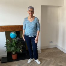 Load image into Gallery viewer, Emily Blue Diamond crochet top with undervest.
