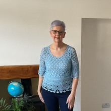 Load image into Gallery viewer, Emily Blue Diamond crochet top with undervest.
