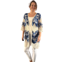 Load image into Gallery viewer, Blue with beige lace Open Front Kimono, Casual Cover Up Kimono For Spring &amp; Summer,
