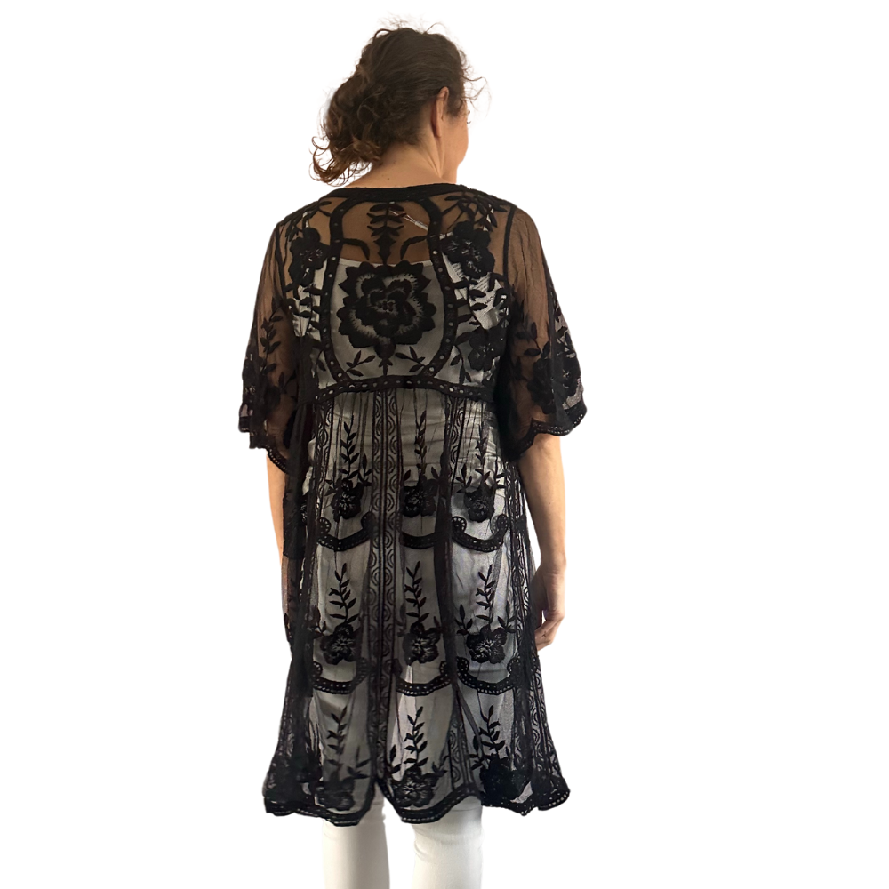 Black lace Open Front Kimono Casual Cover Up Kimono For Spring Summer