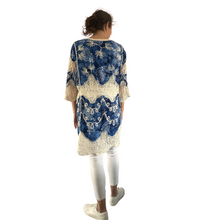 Load image into Gallery viewer, Blue with beige lace Open Front Kimono, Casual Cover Up Kimono For Spring &amp; Summer,
