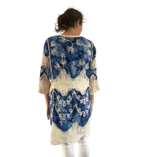 Load image into Gallery viewer, Blue with beige lace Open Front Kimono, Casual Cover Up Kimono For Spring &amp; Summer,
