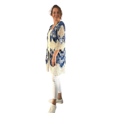 Load image into Gallery viewer, Blue with beige lace Open Front Kimono, Casual Cover Up Kimono For Spring &amp; Summer,
