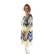 Load image into Gallery viewer, Blue with beige lace Open Front Kimono, Casual Cover Up Kimono For Spring &amp; Summer,
