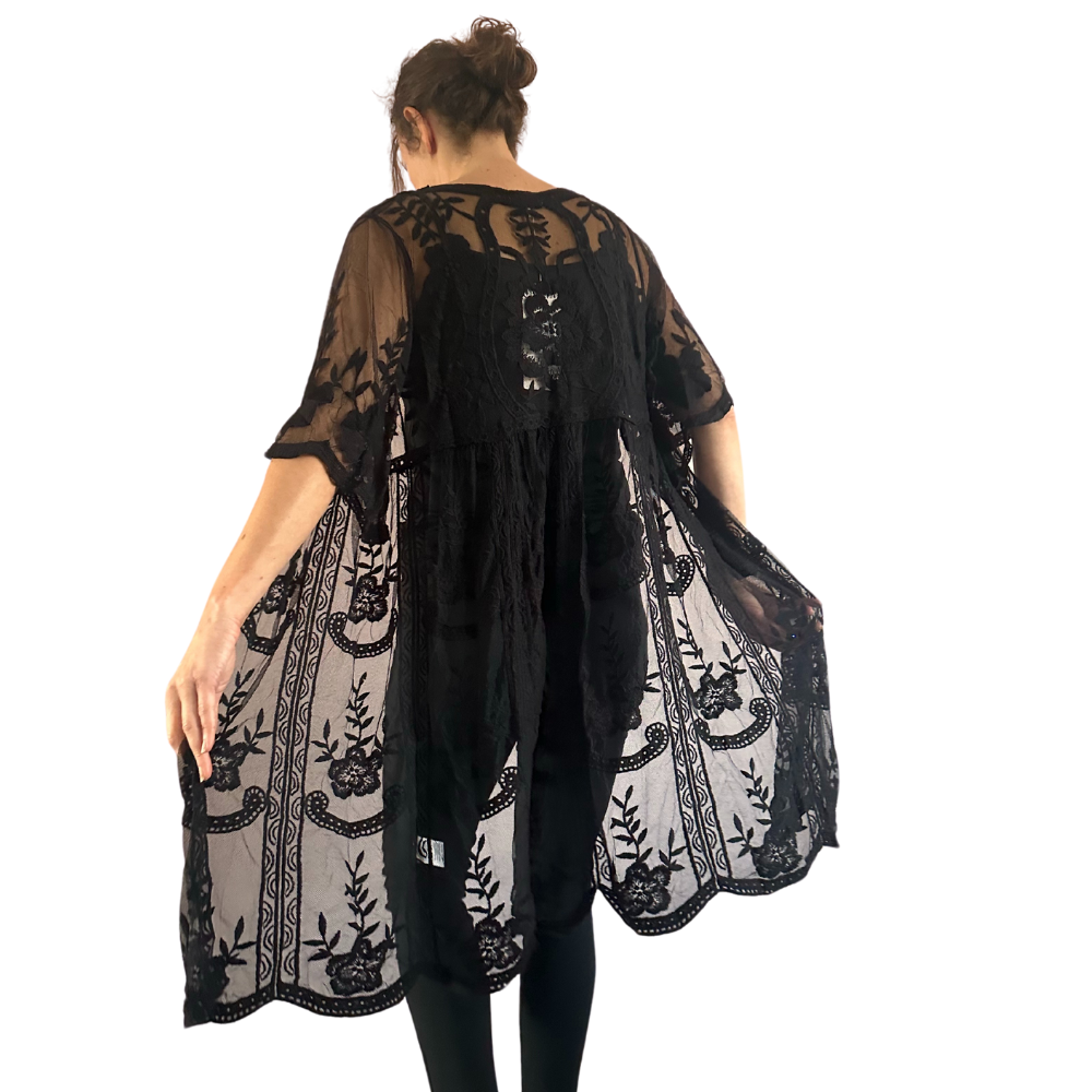 Women black Lace Sheer Cardigan Jacket A165