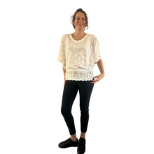 Load image into Gallery viewer, White lace Butterfly lace top with see through arms beautiful For Spring &amp; Summer.
