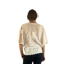 Load image into Gallery viewer, White lace Butterfly lace top with see through arms beautiful For Spring &amp; Summer.
