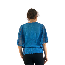 Load image into Gallery viewer, Blue lace Butterfly lace top with see through arms beautiful For Spring &amp; Summer.
