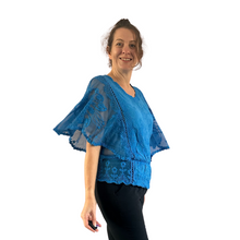 Load image into Gallery viewer, Blue lace Butterfly lace top with see through arms beautiful For Spring &amp; Summer.
