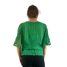 Load image into Gallery viewer, Green lace Butterfly lace top with see through arms beautiful For Spring &amp; Summer.
