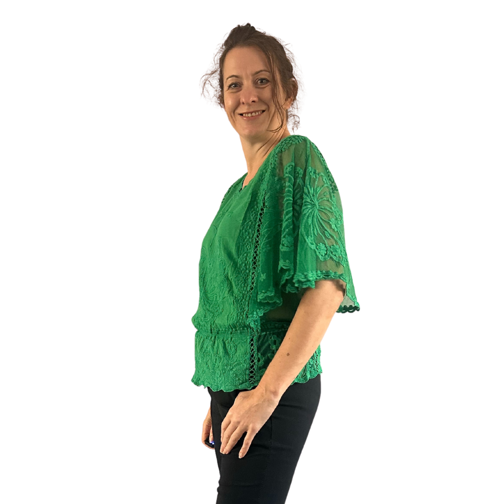 Green lace Butterfly lace top with see through arms beautiful For Spring & Summer.