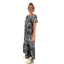 Load image into Gallery viewer, Navy Blue Cow print dress with puff sleeves and a tucked in waistband (A167)
