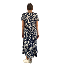 Load image into Gallery viewer, Navy Blue Cow print dress with puff sleeves and a tucked in waistband (A167)
