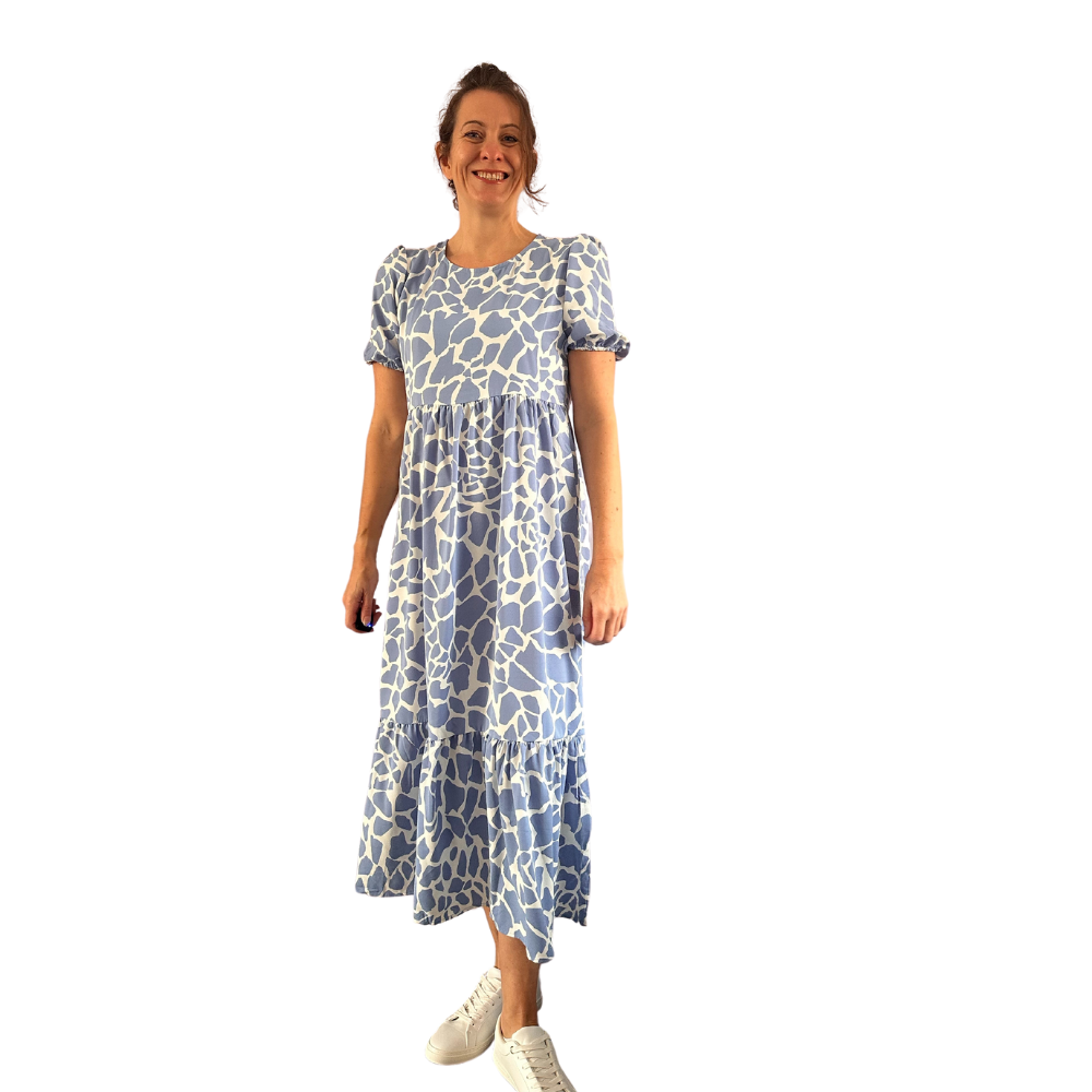 Blue Cow print dress with puff sleeves and a tucked in waistband (A167 – Pamper Yourself Now Ltd