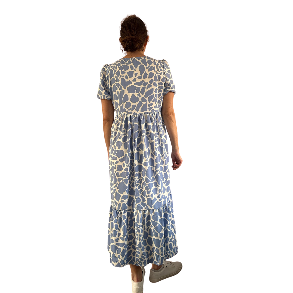 Blue Cow print dress with puff sleeves and a tucked in waistband (A167 –  Pamper Yourself Now Ltd