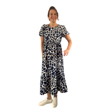 Load image into Gallery viewer, Navy Blue Cow print dress with puff sleeves and a tucked in waistband (A167)
