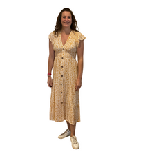 Load image into Gallery viewer, Ladies Mustard V neck button front floral dress (A169)
