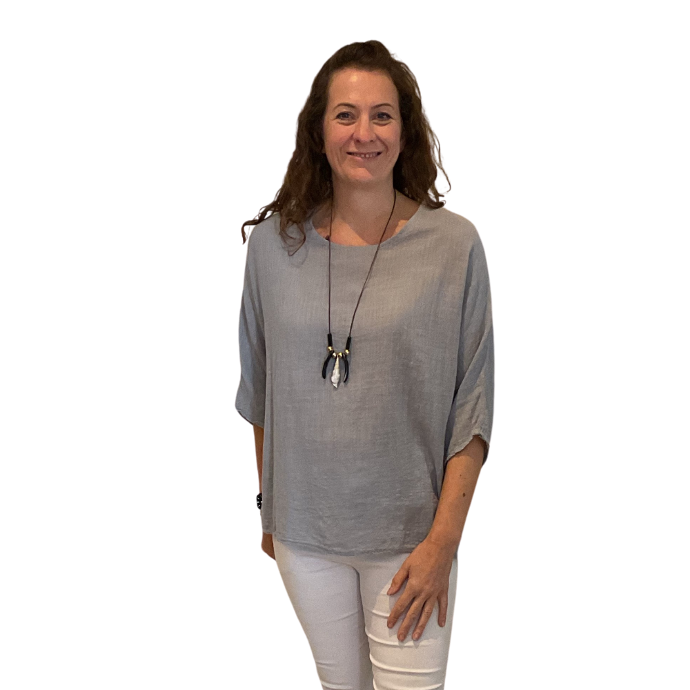 Plain Light grey cotton round neck top for women. (A162)