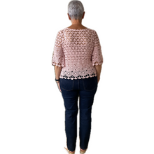 Load image into Gallery viewer, Baby pink Diamond crochet top with undervest.
