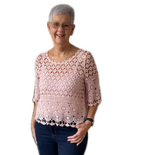 Load image into Gallery viewer, Baby pink Diamond crochet top with undervest.
