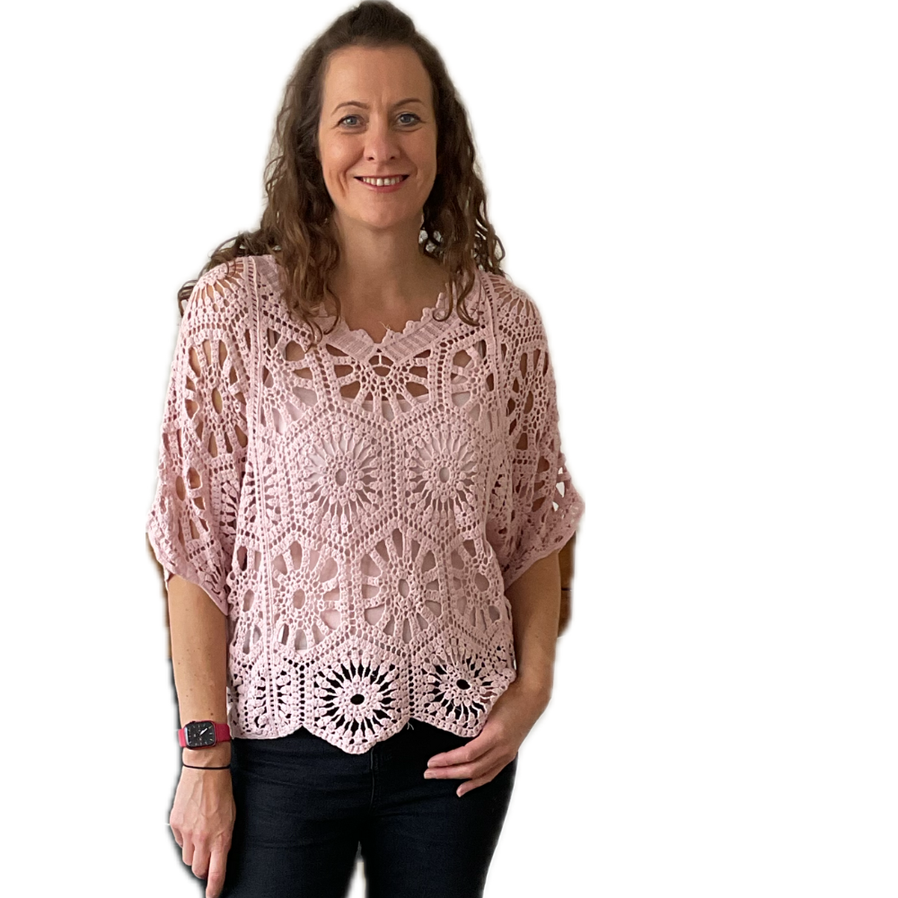Pink Big Daisy crochet top with undervest.
