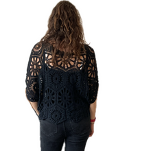 Load image into Gallery viewer, Black Big Daisy crochet top with undervest.
