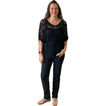 Load image into Gallery viewer, Black Big Daisy crochet top with undervest.
